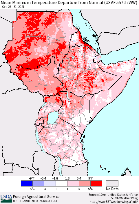 Eastern Africa Mean Minimum Temperature Departure from Normal (USAF 557th WW) Thematic Map For 10/25/2021 - 10/31/2021