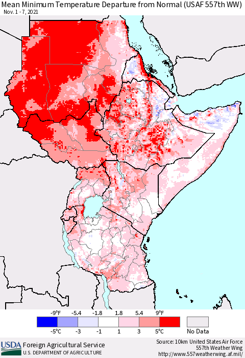 Eastern Africa Minimum Temperature Departure From Normal (USAF 557th WW) Thematic Map For 11/1/2021 - 11/7/2021