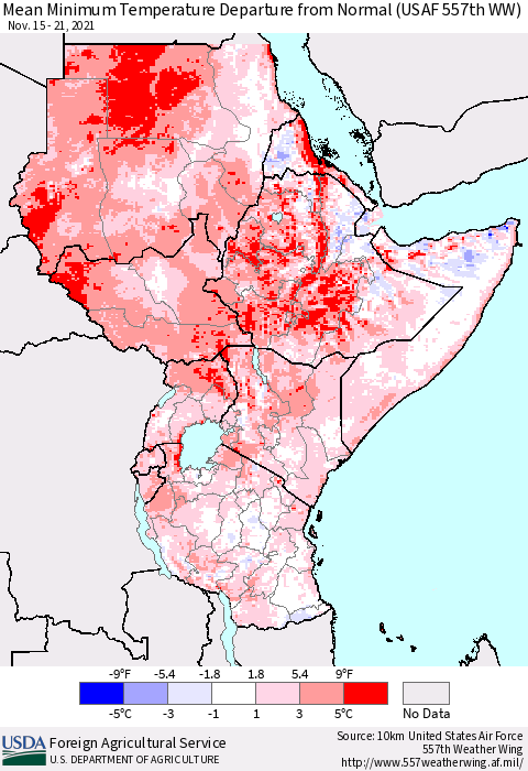 Eastern Africa Minimum Temperature Departure From Normal (USAF 557th WW) Thematic Map For 11/15/2021 - 11/21/2021
