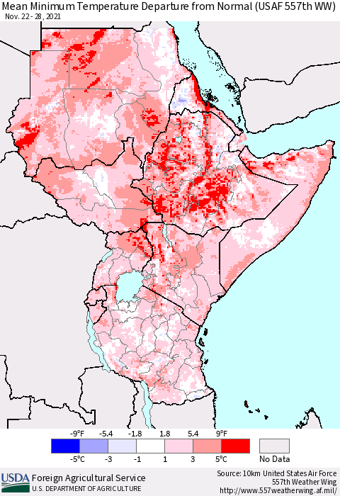 Eastern Africa Mean Minimum Temperature Departure from Normal (USAF 557th WW) Thematic Map For 11/22/2021 - 11/28/2021