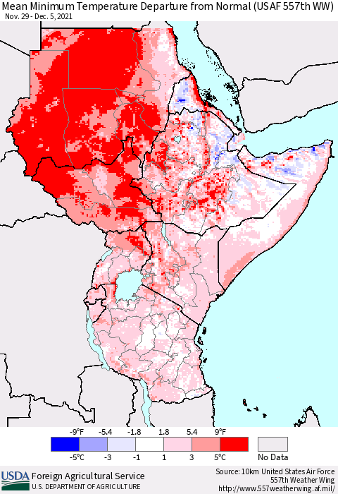 Eastern Africa Minimum Temperature Departure From Normal (USAF 557th WW) Thematic Map For 11/29/2021 - 12/5/2021