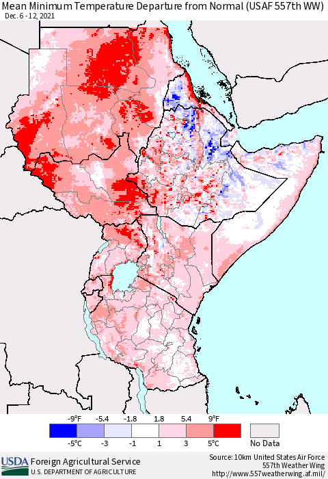 Eastern Africa Mean Minimum Temperature Departure from Normal (USAF 557th WW) Thematic Map For 12/6/2021 - 12/12/2021