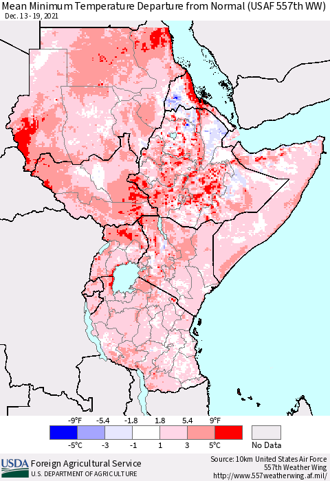 Eastern Africa Minimum Temperature Departure From Normal (USAF 557th WW) Thematic Map For 12/13/2021 - 12/19/2021