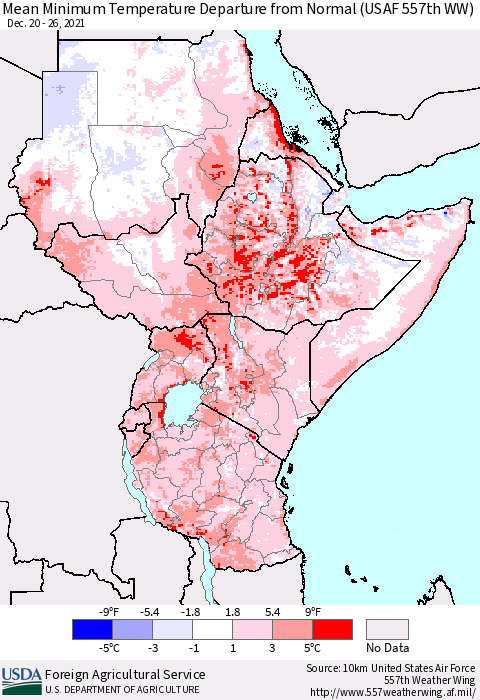 Eastern Africa Minimum Temperature Departure From Normal (USAF 557th WW) Thematic Map For 12/20/2021 - 12/26/2021