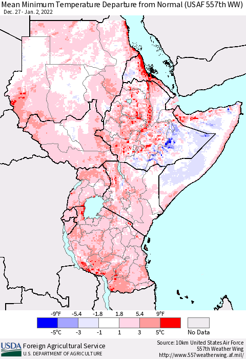 Eastern Africa Minimum Temperature Departure From Normal (USAF 557th WW) Thematic Map For 12/27/2021 - 1/2/2022