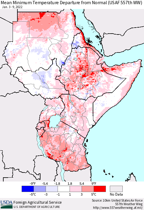 Eastern Africa Minimum Temperature Departure From Normal (USAF 557th WW) Thematic Map For 1/3/2022 - 1/9/2022