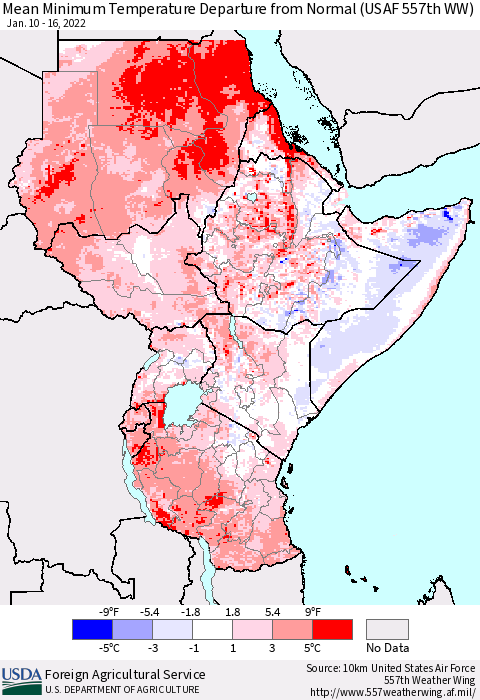 Eastern Africa Minimum Temperature Departure From Normal (USAF 557th WW) Thematic Map For 1/10/2022 - 1/16/2022