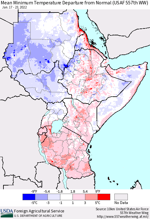 Eastern Africa Minimum Temperature Departure From Normal (USAF 557th WW) Thematic Map For 1/17/2022 - 1/23/2022