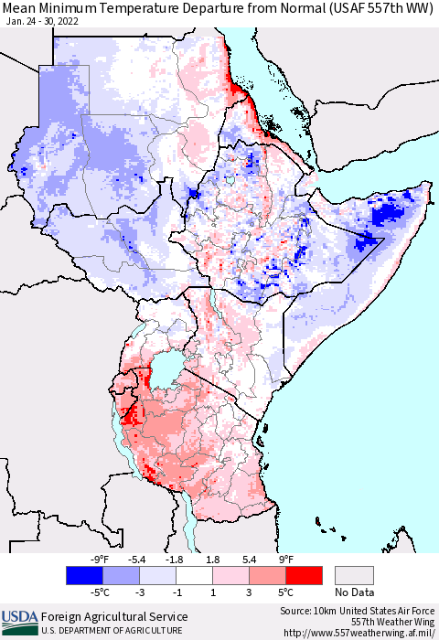 Eastern Africa Minimum Temperature Departure From Normal (USAF 557th WW) Thematic Map For 1/24/2022 - 1/30/2022