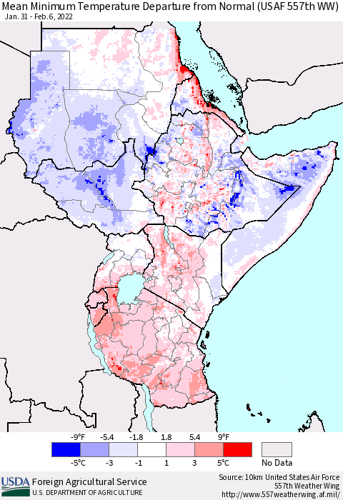 Eastern Africa Mean Minimum Temperature Departure from Normal (USAF 557th WW) Thematic Map For 1/31/2022 - 2/6/2022