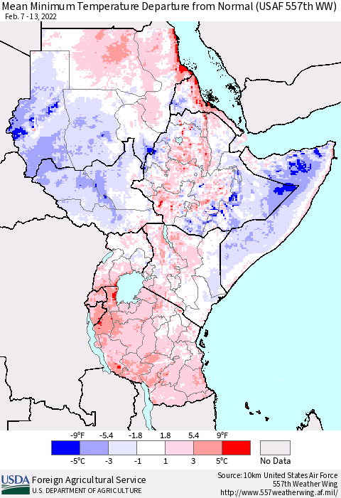 Eastern Africa Minimum Temperature Departure From Normal (USAF 557th WW) Thematic Map For 2/7/2022 - 2/13/2022