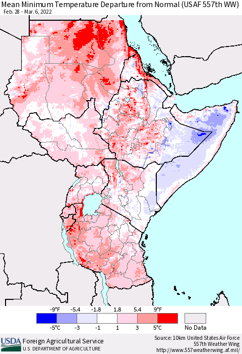 Eastern Africa Mean Minimum Temperature Departure from Normal (USAF 557th WW) Thematic Map For 2/28/2022 - 3/6/2022