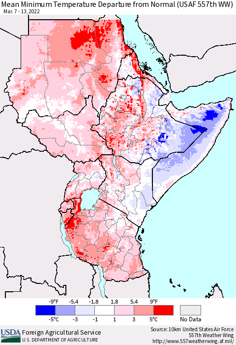 Eastern Africa Mean Minimum Temperature Departure from Normal (USAF 557th WW) Thematic Map For 3/7/2022 - 3/13/2022