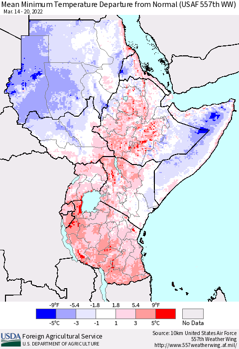 Eastern Africa Mean Minimum Temperature Departure from Normal (USAF 557th WW) Thematic Map For 3/14/2022 - 3/20/2022