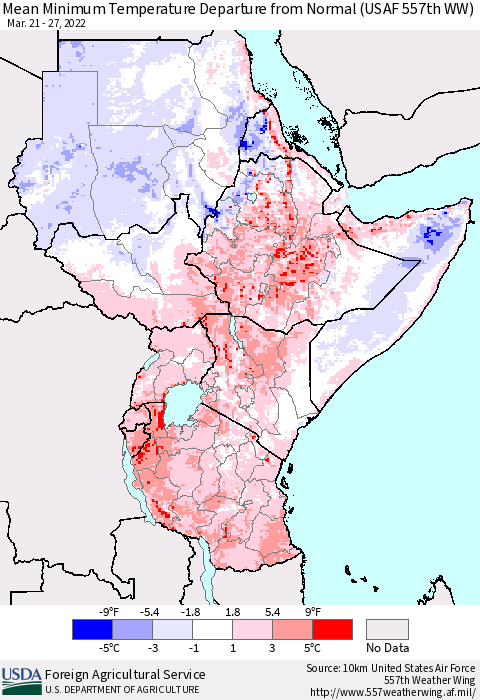 Eastern Africa Mean Minimum Temperature Departure from Normal (USAF 557th WW) Thematic Map For 3/21/2022 - 3/27/2022