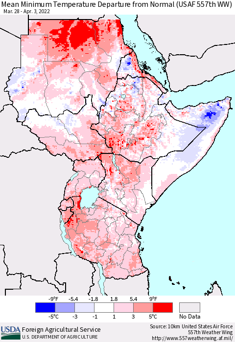 Eastern Africa Minimum Temperature Departure From Normal (USAF 557th WW) Thematic Map For 3/28/2022 - 4/3/2022