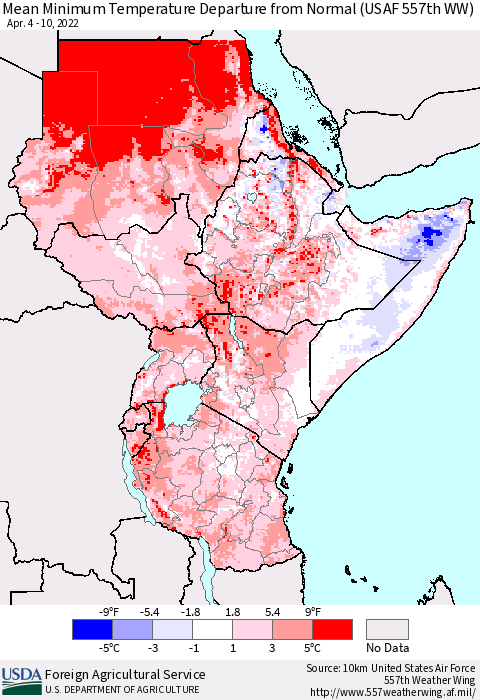 Eastern Africa Mean Minimum Temperature Departure from Normal (USAF 557th WW) Thematic Map For 4/4/2022 - 4/10/2022
