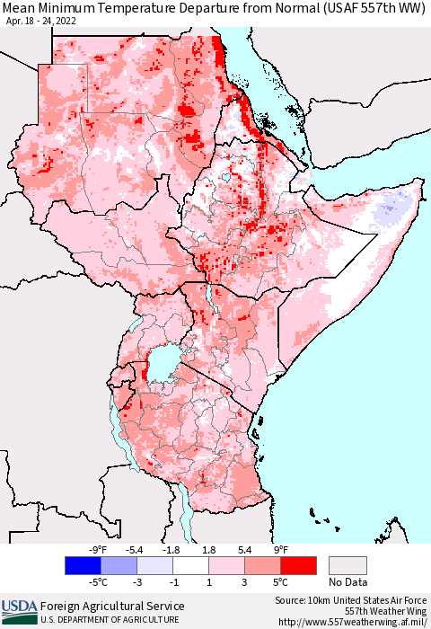 Eastern Africa Minimum Temperature Departure From Normal (USAF 557th WW) Thematic Map For 4/18/2022 - 4/24/2022