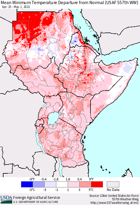 Eastern Africa Mean Minimum Temperature Departure from Normal (USAF 557th WW) Thematic Map For 4/25/2022 - 5/1/2022