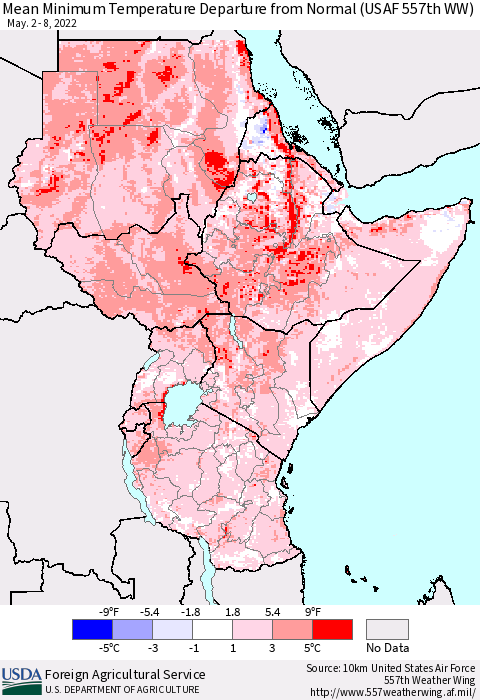 Eastern Africa Mean Minimum Temperature Departure from Normal (USAF 557th WW) Thematic Map For 5/2/2022 - 5/8/2022