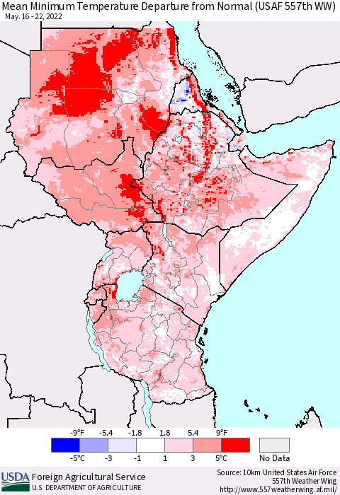 Eastern Africa Minimum Temperature Departure From Normal (USAF 557th WW) Thematic Map For 5/16/2022 - 5/22/2022