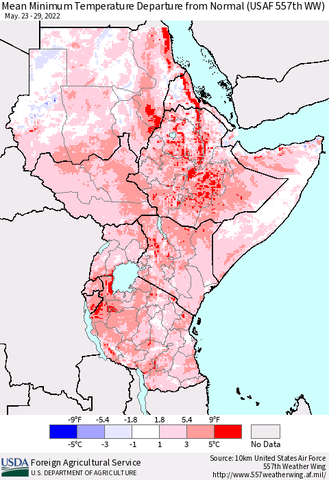 Eastern Africa Minimum Temperature Departure From Normal (USAF 557th WW) Thematic Map For 5/23/2022 - 5/29/2022