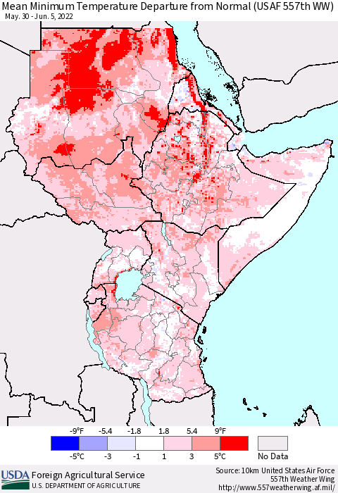 Eastern Africa Minimum Temperature Departure From Normal (USAF 557th WW) Thematic Map For 5/30/2022 - 6/5/2022