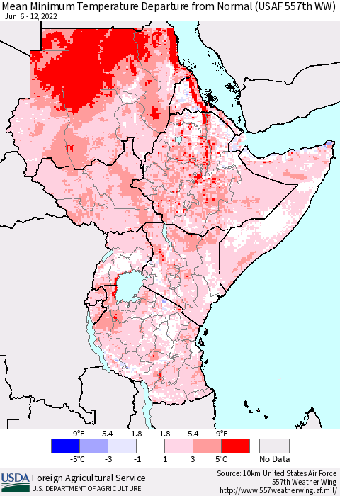 Eastern Africa Minimum Temperature Departure From Normal (USAF 557th WW) Thematic Map For 6/6/2022 - 6/12/2022