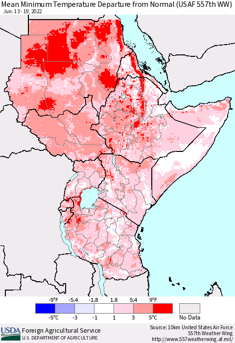Eastern Africa Mean Minimum Temperature Departure from Normal (USAF 557th WW) Thematic Map For 6/13/2022 - 6/19/2022