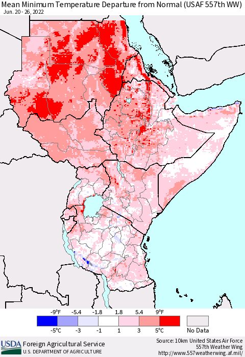 Eastern Africa Minimum Temperature Departure From Normal (USAF 557th WW) Thematic Map For 6/20/2022 - 6/26/2022