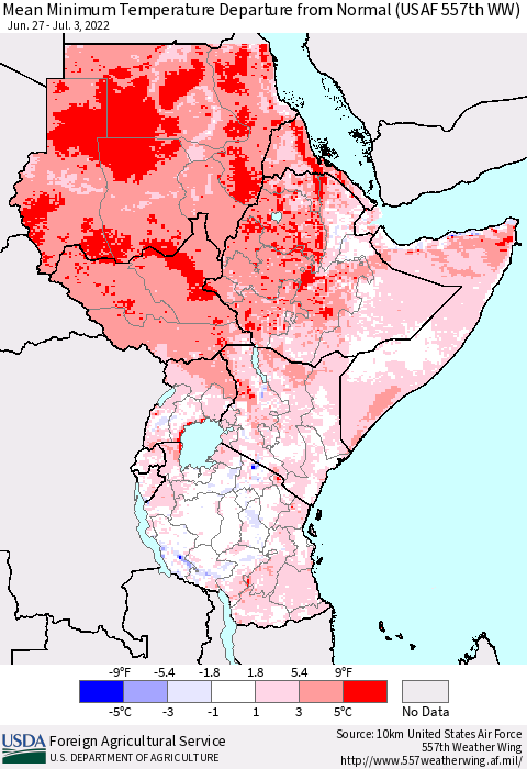 Eastern Africa Minimum Temperature Departure From Normal (USAF 557th WW) Thematic Map For 6/27/2022 - 7/3/2022