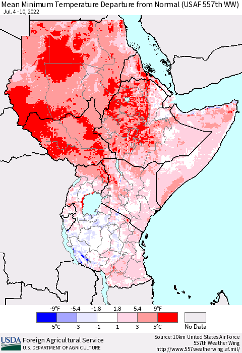 Eastern Africa Mean Minimum Temperature Departure from Normal (USAF 557th WW) Thematic Map For 7/4/2022 - 7/10/2022