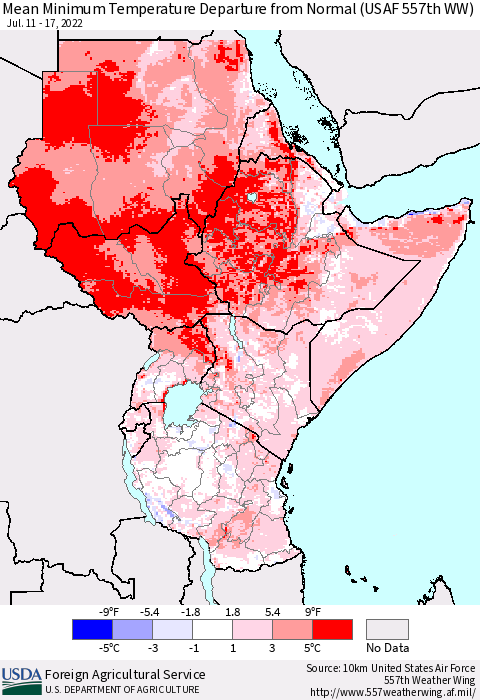 Eastern Africa Minimum Temperature Departure From Normal (USAF 557th WW) Thematic Map For 7/11/2022 - 7/17/2022