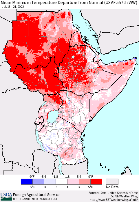 Eastern Africa Minimum Temperature Departure From Normal (USAF 557th WW) Thematic Map For 7/18/2022 - 7/24/2022