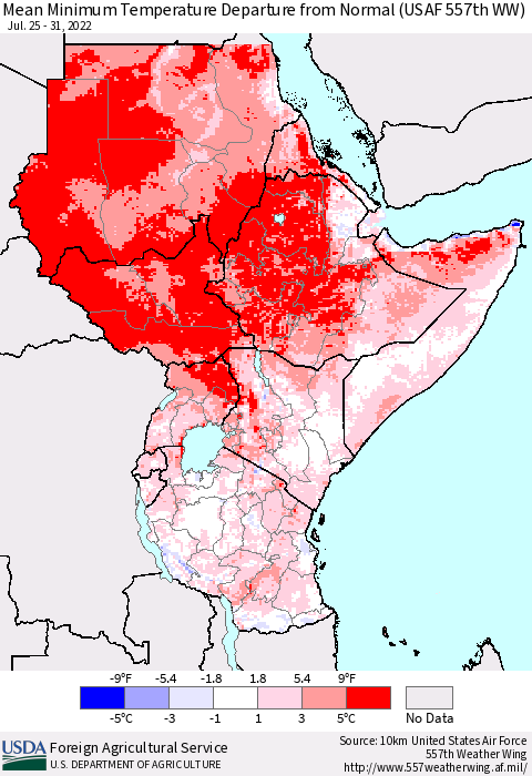 Eastern Africa Mean Minimum Temperature Departure from Normal (USAF 557th WW) Thematic Map For 7/25/2022 - 7/31/2022