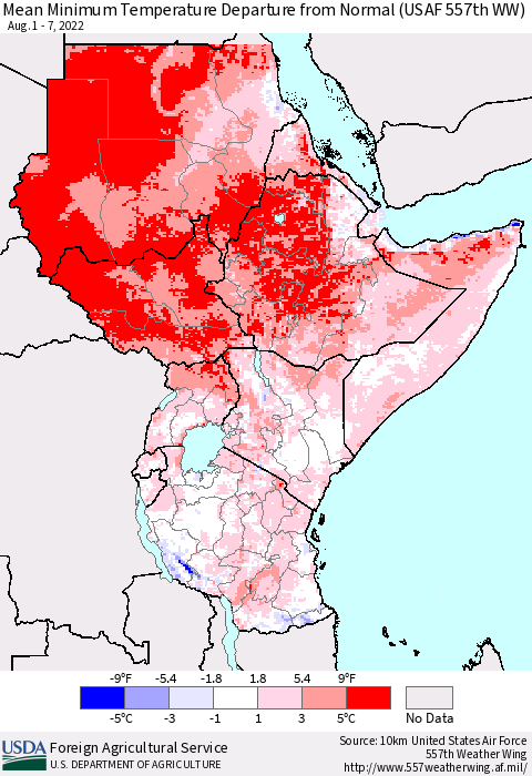 Eastern Africa Mean Minimum Temperature Departure from Normal (USAF 557th WW) Thematic Map For 8/1/2022 - 8/7/2022