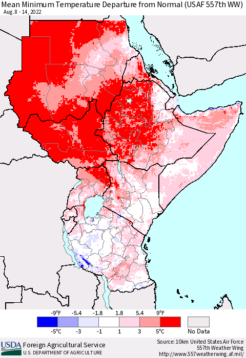 Eastern Africa Mean Minimum Temperature Departure from Normal (USAF 557th WW) Thematic Map For 8/8/2022 - 8/14/2022