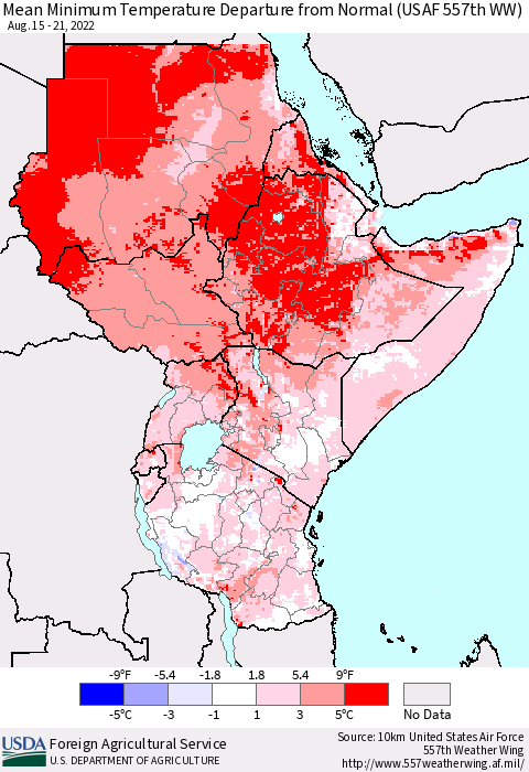 Eastern Africa Mean Minimum Temperature Departure from Normal (USAF 557th WW) Thematic Map For 8/15/2022 - 8/21/2022