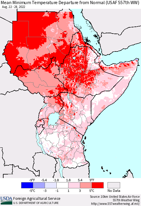 Eastern Africa Mean Minimum Temperature Departure from Normal (USAF 557th WW) Thematic Map For 8/22/2022 - 8/28/2022