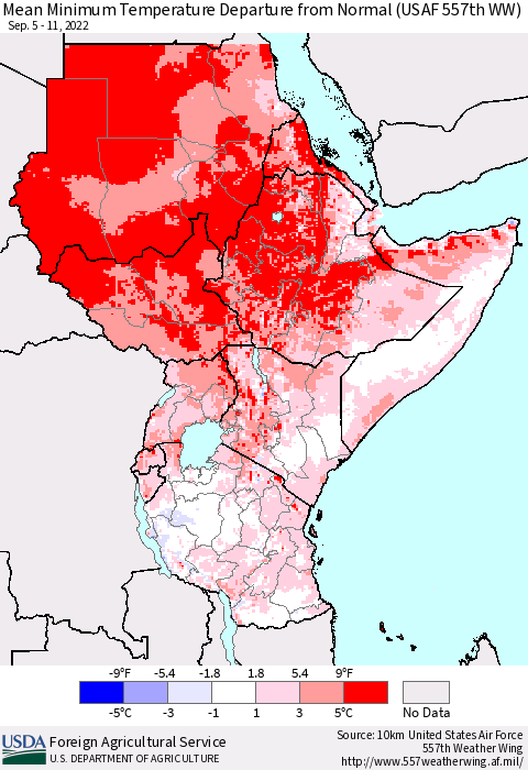 Eastern Africa Mean Minimum Temperature Departure from Normal (USAF 557th WW) Thematic Map For 9/5/2022 - 9/11/2022