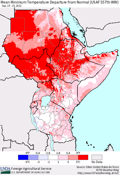 Eastern Africa Mean Minimum Temperature Departure from Normal (USAF 557th WW) Thematic Map For 9/19/2022 - 9/25/2022