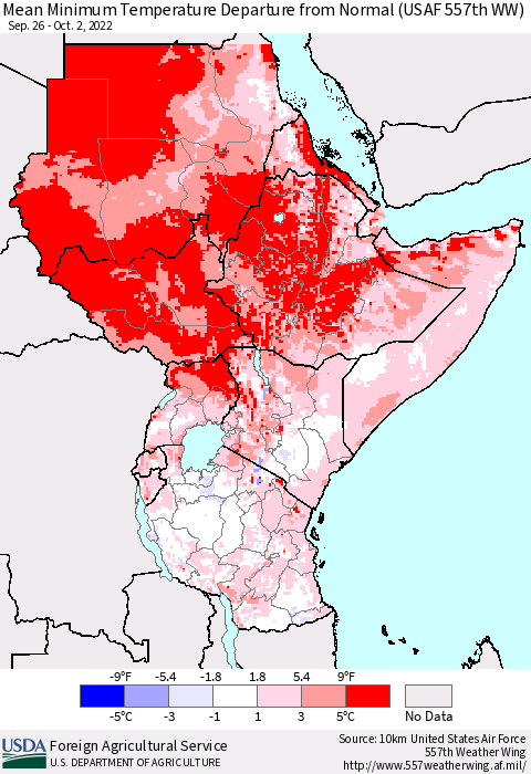 Eastern Africa Mean Minimum Temperature Departure from Normal (USAF 557th WW) Thematic Map For 9/26/2022 - 10/2/2022