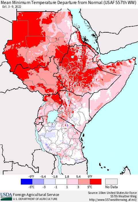 Eastern Africa Mean Minimum Temperature Departure from Normal (USAF 557th WW) Thematic Map For 10/3/2022 - 10/9/2022