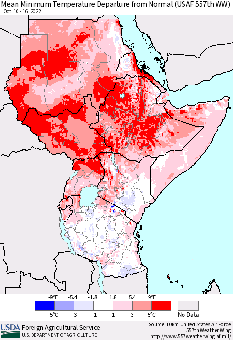 Eastern Africa Mean Minimum Temperature Departure from Normal (USAF 557th WW) Thematic Map For 10/10/2022 - 10/16/2022