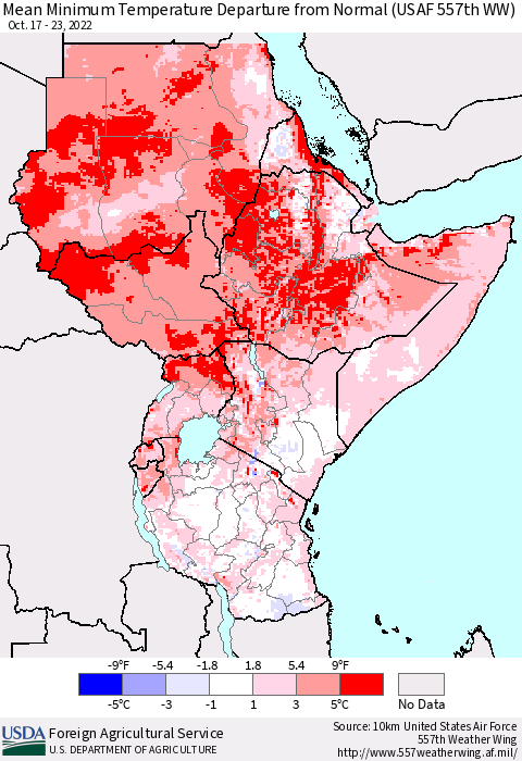 Eastern Africa Mean Minimum Temperature Departure from Normal (USAF 557th WW) Thematic Map For 10/17/2022 - 10/23/2022