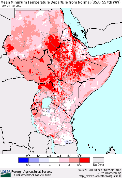 Eastern Africa Mean Minimum Temperature Departure from Normal (USAF 557th WW) Thematic Map For 10/24/2022 - 10/30/2022
