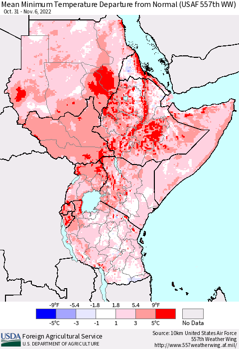 Eastern Africa Mean Minimum Temperature Departure from Normal (USAF 557th WW) Thematic Map For 10/31/2022 - 11/6/2022