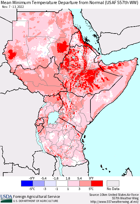 Eastern Africa Mean Minimum Temperature Departure from Normal (USAF 557th WW) Thematic Map For 11/7/2022 - 11/13/2022