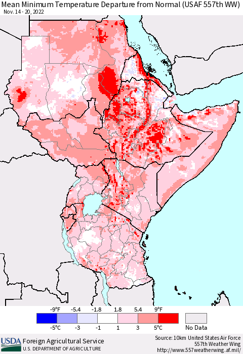 Eastern Africa Mean Minimum Temperature Departure from Normal (USAF 557th WW) Thematic Map For 11/14/2022 - 11/20/2022