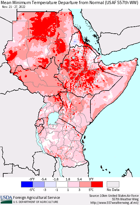 Eastern Africa Mean Minimum Temperature Departure from Normal (USAF 557th WW) Thematic Map For 11/21/2022 - 11/27/2022